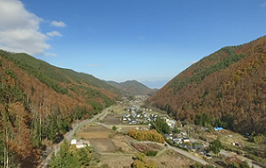 空から見た朝日村の風景
