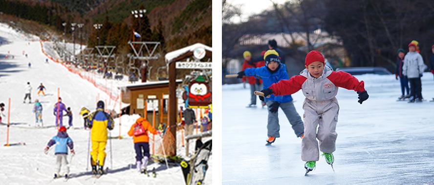 2枚の冬の写真が左右に並んでいる。左の写真はゲレンデを撮影した写真。写真右側には上まで続くリフト、左側はスキーでゲレンデを滑っている人々が写っている。右の写真はスケートを楽しんでいる子供を撮影した写真。小学生くらいの男の子が写真中央で赤いニット帽とグレーのウエアを身に着けてスケートを楽しんでいる。また男の子の周りにもスケートを楽しんでいる人々が写っている。